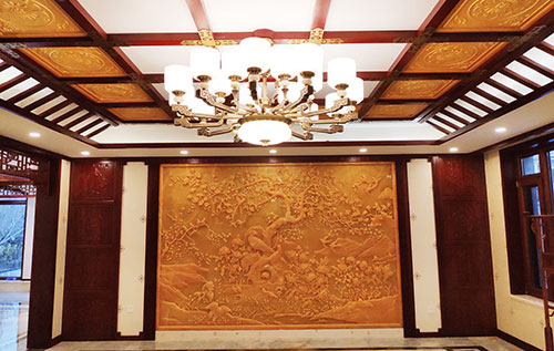 合水中式别墅客厅中式木作横梁吊顶装饰展示